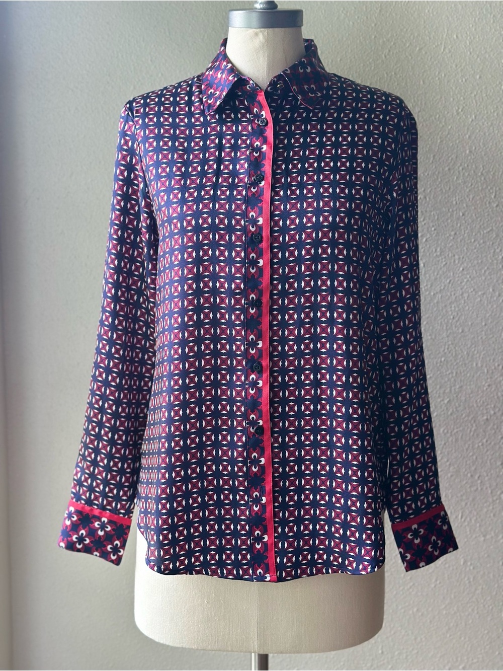 Lauren Ralph Lauren Print Twill Button Down Shirt Geometric Navy Red Blouse